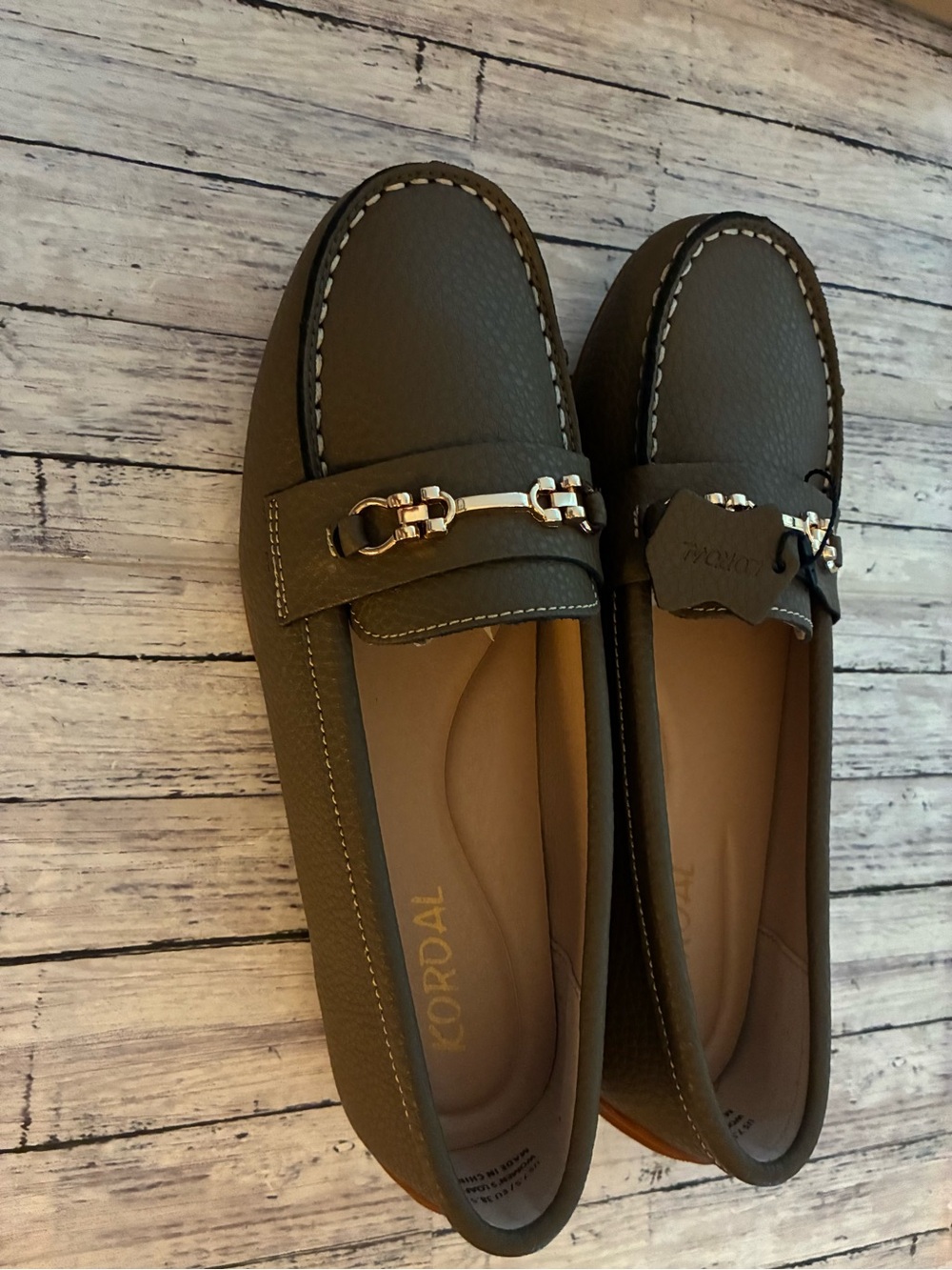 Olive Green Leather Loafers with Gold Accent
